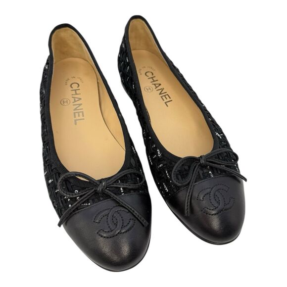 Chanel Ballerina Ribbon Tweed Cap Toe Ballet Flats In Black EU 35.5 US 5.5 - Picture 1 of 12